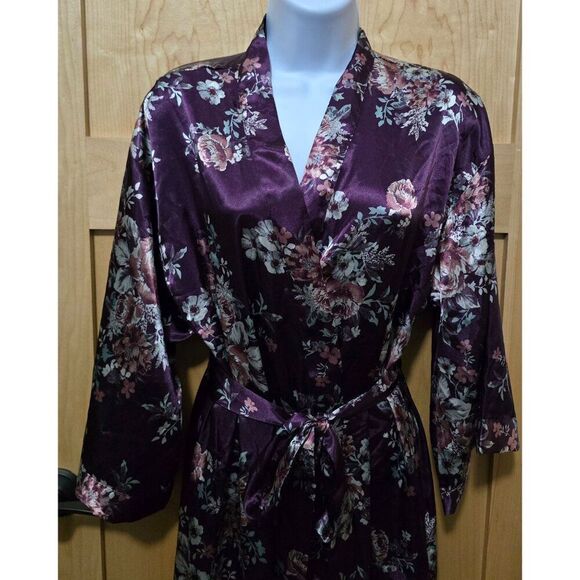 Floral Satin Kimono Robe With Waist Tie Purple & Pink Womens Medium fairycore - Picture 4 of 10